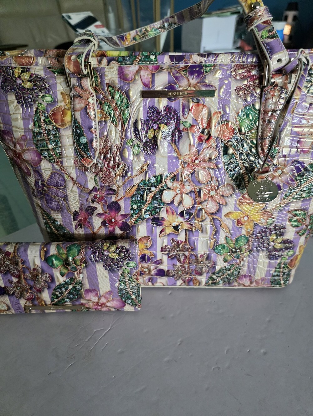 New Brahmin Asher Floral Embossed Purple Multi Tote Set